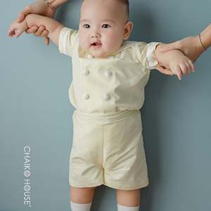 Prêt à expédier bébé garçon enfant en bas âge ensemble formel 2 pièces de coton de qualité 6 mois 4 ans jaune combinaison courte Machine broderie-Ami - Product Image 1