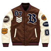 Veste universitaire marron et blanche pour homme, col montant, broderies chenille, patchs lettres, boutons-pression, manteau vintage d'automne