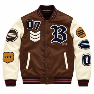 Chaqueta Varsity Marrón y Blanca para Hombre, Cuello Alto, Parches de Letras Bordadas en Chenille, Botones a Presión, Estilo Vintage, para Otoño - Product Image 1