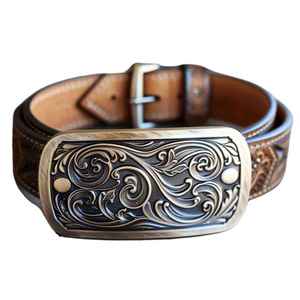 Vintage Paisley Pattern <b>Cow</b> Hide Leather Belt With Rectangular Alloy Plate Buckle Casual Durable One-Piece Molding - Product Image 1