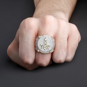 925 <b>Silver</b> Lab Grown Diamond Masonic <b>Ring</b> <b>Mens</b> Freemason Compass Square Symbol Statement <b>Signet</b> Gothic Jewelry - Product Image 1