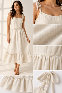 Robe plissée mi-longue en coton et lin tissé de qualité supérieure, respirante, à bretelles nouées et ourlet à volants – Collection décontractée en gros - Product Image 5