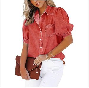 2026 Spring and Autumn New Arrival Denim Shirt Stock European Style Multicolor 100% Cotton Puff Sleeve Vintage - Product Image 5