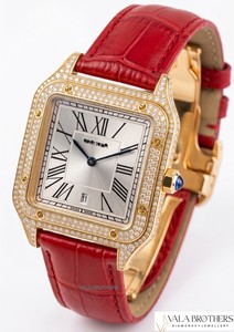 Cartierr Women's Yellow Gold Diamond Rectangle Analog Quartz <b>Watch</b> with Red Leather Strap and Sapphire Crystal Dial - Product Image 4