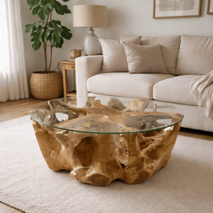 Mesa de Centro de Raíz de Teca Natural con Tapa de Vidrio Templado, Madera de Teca Sólida, Estilo Rústico de Lujo, Mesa de Centro Única para Sala de Estar - Product Image 3