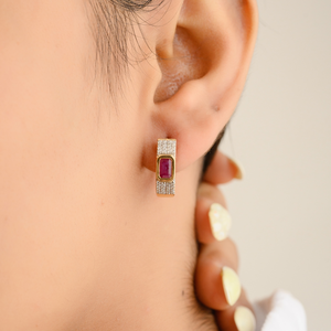 14K <b>Solid</b> <b>Gold</b> <b>Huggie</b> Hoop Earrings with Ruby and VS1 Diamond - Product Image 4