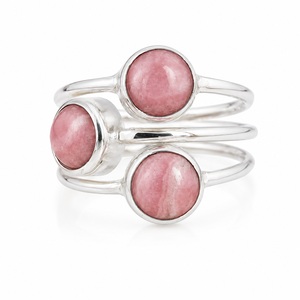 Natural Rhodochrosite Trio <b>Ring</b> for Her 925 Sterling <b>Silver</b> Christian Bezel <b>Set</b> Pink Stone Jewelry Boho Style Gift for Wife - Product Image 1