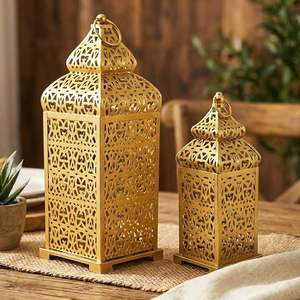 Juego de Faroles Marroquíes de Metal Rojo con Paneles de Vidrio con Trabajos Intrincados, Brillo Cálido de Vela, Decoración Festiva Elegante para el Hogar - Product Image 5