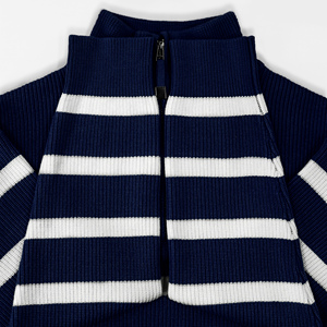 Pull en maille rayé bleu marine pour homme, col montant, coupe droite, manches longues, style nautique, idéal pour l'automne - Product Image 4