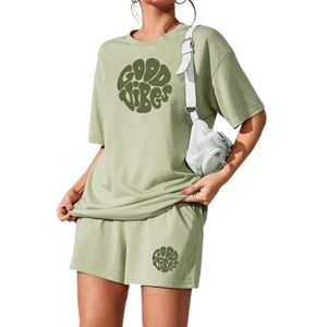 Conjunto de Pijama de Algodón para Mujer, Top y Pantalones Cortos, Corte Holgado, Estampado, Estilo Occidental - Product Image 1