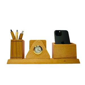 Support à stylos en bois avec horloge, support de papeterie en bois avec fente pour téléphone et affichage du calendrier, meilleur prix - Product Image 6