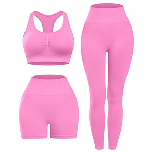 Conjunto de Yoga Rosa para Mujer, Ropa Deportiva, Sujetador Deportivo Transpirable y Leggings Cortos de Compresión, Ropa Elástica para Entrenamiento en el Gimnasio - Product Image 1