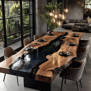 Table à manger en bois d'acacia à bord naturel et résine époxy - Table à manger rectangulaire en bois massif sur mesure pour la maison, le bureau, l'hôtel, le salon, Diwali - Product Image 6