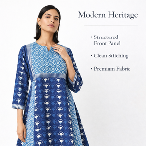 Robe longue décontractée en coton indigo faite à la main, imprimée au bloc, col en V, manches longues, contraste Kali, vente en gros - Product Image 4