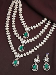 Classic Blue Zinc Plated Layered Long Necklace Earring & Headpiece Set Imitation Pearl Pear Cut Stones for Women Wedding Jewelry - Product Image 6
