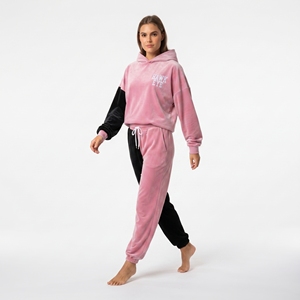 Ensemble sweat à capuche et pantalon en velours pour femme, color block rose et noir, manches longues, poignets côtelés, coupe ample, tenue décontractée - Product Image 3