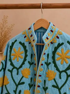 Bohemian Blue Fleece <b>Velvet</b> Suzani <b>Jacket</b> With Floral Embroidery Stand Collar Full Sleeve <b>Women's</b> Autumn Outerwear - Product Image 3