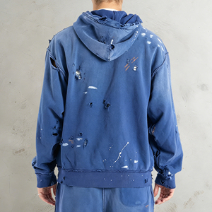 เสื้อฮู้ดซิปผู้ชายสีน้ำเงินทรงโอเวอร์ไซส์ พิมพ์ลาย "ไม่มีความเครียด แค่ความสุข" ดีไซน์ขาดๆ แบบลำลอง - Product Image 2