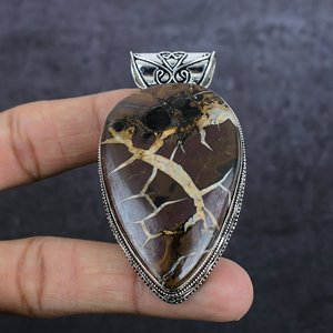 Pendentif Goutte d'Eau Fossile de Boue Naturelle, Breloque Solitaire Vintage Bohème Plaqué Argent Antique, Bijou Unisexe, Cadeau Idéal - Product Image 1