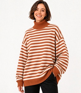 Pull col roulé rayé oversize pour femme, tricoté à manches longues, coupe asymétrique ample, idéal pour l'automne - Product Image 1