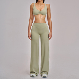 Purple 2 Piece Yoga Set High Waist Wide Leg Pants Racerback <b>Crop</b> <b>Top</b> Seamless Breathable Solid Color Activewear - Product Image 4