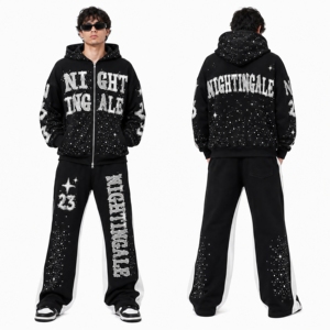 ผู้ผลิตเสื้อผ้าสั่งทำยอดนิยม ผ้าฝ้าย 100% ชุดฮู้ดดี้และกางเกงจ็อกเกอร์ปักลายเชนีลประดับเพชร ชุดลำลองประดับเพชร - Product Image 5