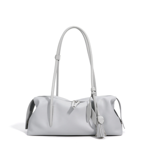 Bolso de Hombro de Cuero Genuino Gris Claro con Decoración de Borlas, Estilo Minimalista, Dos Asas, Cierre de Cremallera, para Todas las Temporadas - Product Image 1