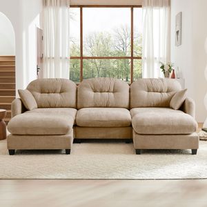 Divano Modulare a U in Tessuto Chenille Premium con Pouf, 2 Cuscini Decorativi, Schiuma ad Alta Densità Trapuntata e Plissettata per Soggiorno - Product Image 3