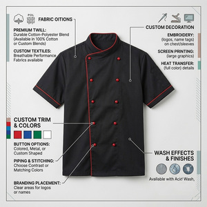 Reddito Black <b>Mandarin</b> <b>Collar</b> Double Breasted Chef <b>Jacket</b> Men Workwear Style Short Sleeve Polyester Solid Color - Product Image 4