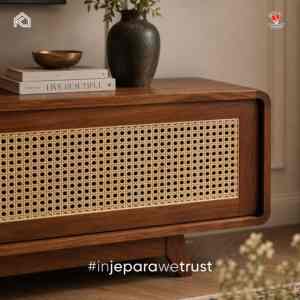 Meuble TV scandinave de style européen en rotin, console multimédia en acajou massif, fabriqué en Indonésie - Product Image 2