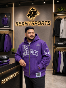 REXFITSPORTS 2026 Sweat à capuche zippé personnalisé violet avec motif, unisexe, en coton et polyester molletonné, style streetwear, fermeture éclair intégrale, marque privée - Product Image 6