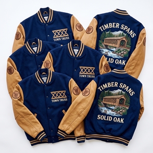 Veste universitaire en gros, corps en laine vert forêt, manches en cuir marron, style Letterman, motif 'Subterranean Realm Stone Cave Stalagmite' - Product Image 5