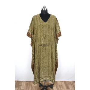 Robe Kaftan Indienne 100% Coton Imprimée au Bloc, Modeste, Faite à la Main, Florale, Longueur Midi, Taille Naturelle, Écologique, Quotidienne, Été Automne - Product Image 1
