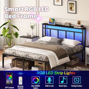 Base letto matrimoniale da 14 pollici con luce LED e USB-C, testiera in metallo nera con contenitore - Product Image 4