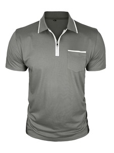 Polo en tricot à manches courtes pour homme, couleur unie, col boutonné décontracté, haut décontracté avec col zippé et poche - Product Image 2