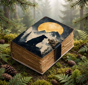 Carnet en cuir fait main, motif loup pleine lune, style vintage, avec motif aquarelle, livre de sorts, fermeture à loquet antique, carnet d'écriture, carnet de croquis, Shadow - Product Image 3