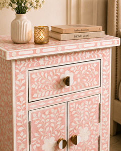 Pink Bone Inlay Wood Side <b>Table</b> Storage Ottoman Floral Pattern <b>Bedside</b> Cabinet Hand Finished Accent <b>Stool</b> - Product Image 4