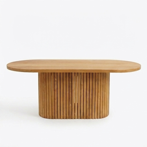 Table à manger ovale en bois massif moderne, base en piédestal cannelé, en teck artisanal, style minimaliste Japandi, pour la maison ou un restaurant - Product Image 1