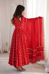 <b>Red</b> Banarasi Heavy Embroidered Anarkali Suits & Gown Full Sleeve Maxi Dress Chinon <b>Silk</b> Quick Dry Feature for Women Party Wear - Product Image 3