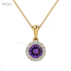 Luxury Prong-Set 4mm Amethyst & Diamond Halo <b>Pendant</b> 14k <b>Solid</b> <b>Gold</b> Charm <b>Pendant</b> Necklace Double Birthstone Gift for Her - Product Image 2