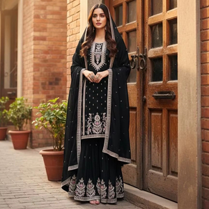 ชุดเสื้อผ้าไหมชีนอนเนื้อหนาเย็บสำเร็จพร้อมกางเกงพลลาโซและผ้าคลุมไหล่ ประดับกระจกเพชรและงานฝีมือประณีต พร้อมแขนเสื้อแบบแฟนซี สำหรับงานแต่งงาน - Product Image 1