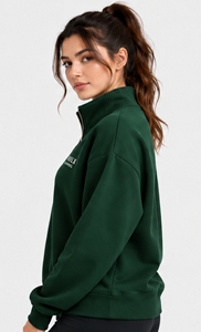 Sweat-shirt à col montant et fermeture éclair sur le côté, en molleton vert foncé, pour femme, Index Apparel - Product Image 3