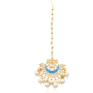 Tikka Kundan étnica chapada en oro con perla de esmalte azul, joyería hecha a mano para la frente, para mujeres, para bodas - Product Image 2
