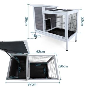 Gabbia per conigli a due piani per piccoli animali, da interno ed esterno, in legno, con vassoio in plastica a prova di perdite e passerella, grigia - Product Image 2