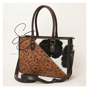 Genuine Leather Hair On Cowhide Tote Bag Tooled Leather Handbag Women Shoulder Bag Crossbody <b>Purse</b> Handmade Leather Office Bag - Product Image 2