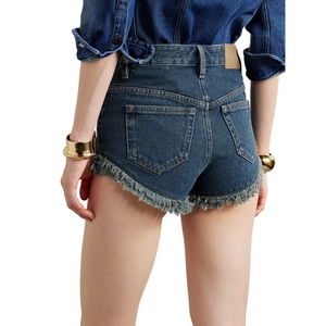 Women's 100% High <b>Waist</b> Denim Jean Shorts with Frayed Hem Summer Casual Essentials Plus Size Available Breathable Design - Product Image 2