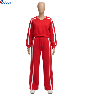 Conjunto Deportivo de Alta Calidad para Mujer, con Rayas Rojas, Sudadera de Manga Larga con Cuello Redondo y Cuello en V, Pantalones Deportivos Anchos, Conjunto Casual de 2 Piezas - Product Image 2