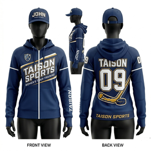 Sweat à capuche d'entraînement pour équipe de hockey sur glace féminine, 320 GSM, polaire de performance en polyester premium, design à panneaux bleu marine, or et blanc, logo personnalisé - Product Image 1