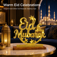 Batteriebetriebenes Eid Mubarak Leuchtschild mit Goldglitter-Beschriftung und Poliertem Holzsockel für Eingangsbereich Heimdekoration