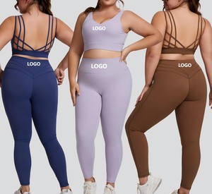 Plus Size Yoga Set <b>Crop</b> <b>Top</b> Full Length Leggings High Waist Seamless Solid Navy Blue 2 Piece Activewear - Product Image 2